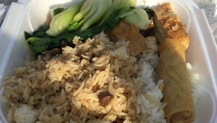 Vegan user review of Cham Shan Temple in Niagara Falls. Stop by and visit the 1000 Buddha temple on your way to Niagara Falls. They serve food (Buddhist Chinese) on Saturday and Sunday. My meal was rice, Bok choy, tofu skins and an egg roll. 