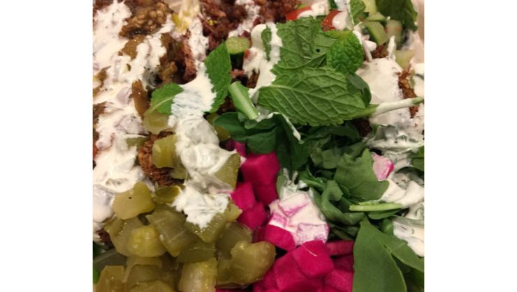 Vegan user review of SAJJ Mediterranean @1ST in San Jose. Falafel salad/rice bowl w mint, pickled items, cauliflower, eggplant and tahini sauce #lunch #dinner