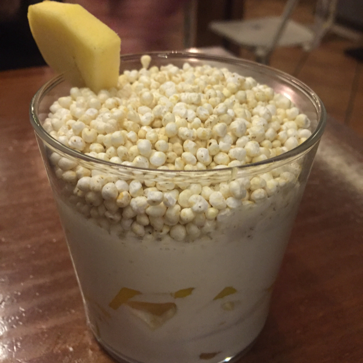 Vegan user review of La Encomienda in Madrid. I like that they top the vegan yogurt with puffed millet. 