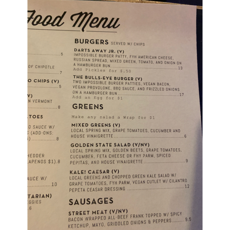 Vegan user review of Tony's Darts Away in Burbank. Neighborhood bar with lots of vegan options. Just about everything on the menu has vegan options. 