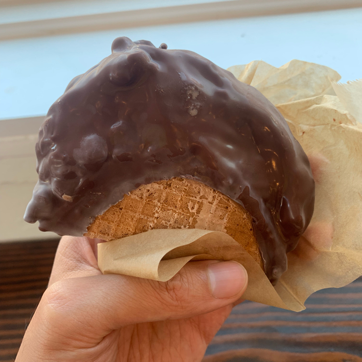 Vegan user review of Rocko's Ice Cream Tacos. Vegan Ice cream taco. They had two rotating vegan flavors, mint chocolate and coconut milk matcha. Sampled the matcha and it wasn’t that good, but the mint chocolate was perfect. The vegan/GF waffle cone is 25 cents extra, and their vegan dips are dark chocolate or peanut butter.