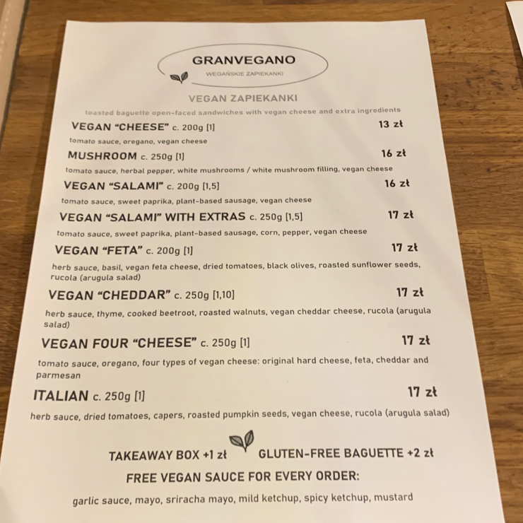 Vegan user review of GRANVEGANO. Toasted baguette with melted cheese, sauce and toppings.