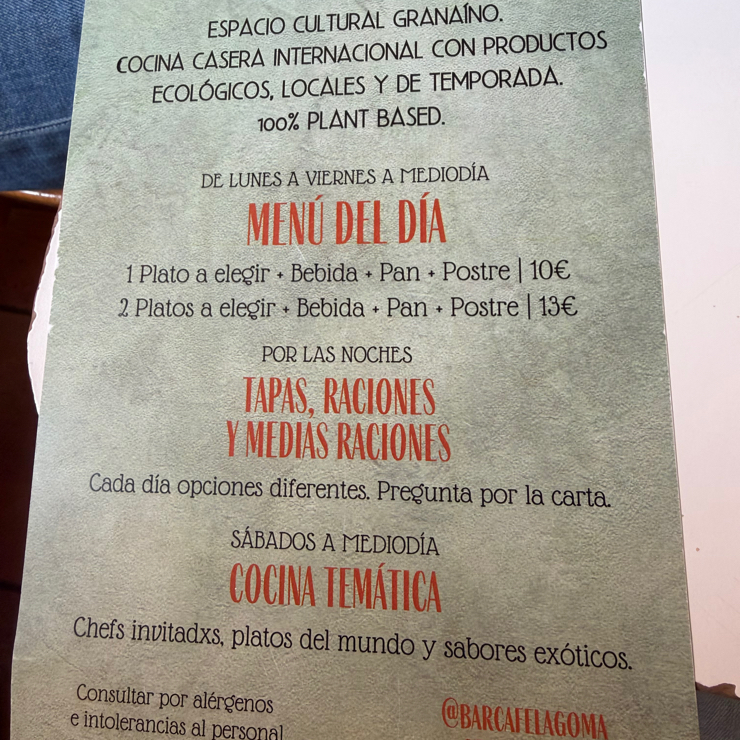 Vegan user review of La Goma. The best vegan meal I’ve had in a long time which I forgot to take a picture of unfortunately. Changes daily and is globally inspired with a Spanish flair. Offers gluten free and soy free as well. 